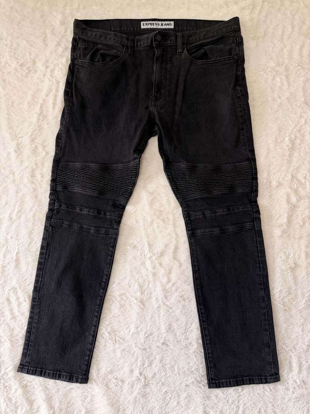 Express Rocco Slim Fit Skinny Leg Black Moto Biker Jeans Tag 36x30 Fits 38x28.5